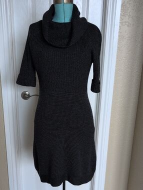 Cowl Neck Charcoal Knit Sweater Dress - Women